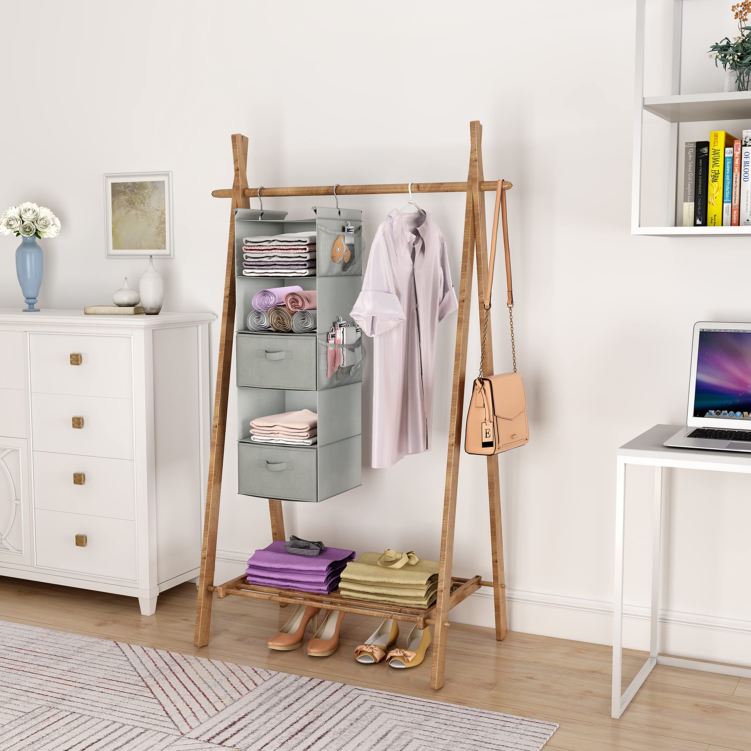 Max Houser 5 Tier Shelf Hanging Closet Organizer, Cloth Hanging Shelf With 2 Sturdy Hooks For Storage, Foldable (Light Grey-D2)